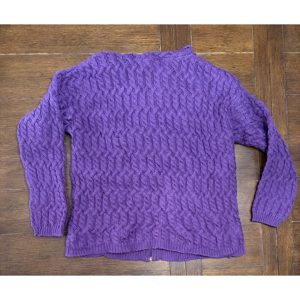 Aran Crafts Merino Wool Ireland Cable Knit Zip Cardigan Womes L Purple Sweater